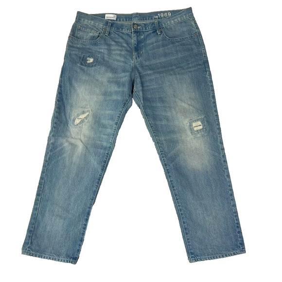 GAP Jeans Womens 31 R Sexy Boyfriend Medium Wash Blue Distressed Tapered Leg - Picture 1 of 11